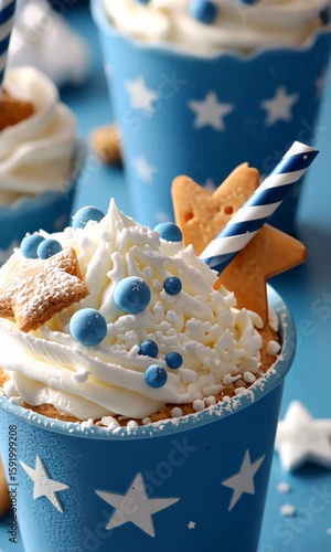 Decorative dessert featuring whipped cream and star-shaped cookies with blue accents