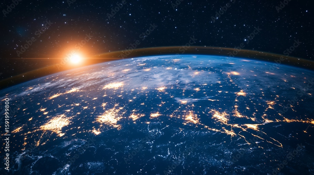 Obraz premium Earth From Space at Night with City Lights and Rising Sun