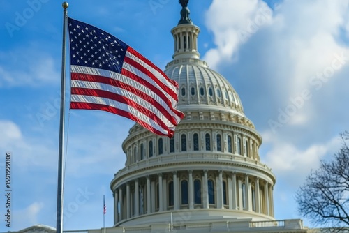 American flag flying in front of the u.s. Capitol building against a partly cloudy sky
