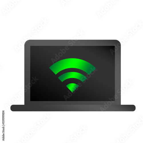 Laptop computer display. Green Wi Fi signal. Wireless connection Vector. Modern technology device.