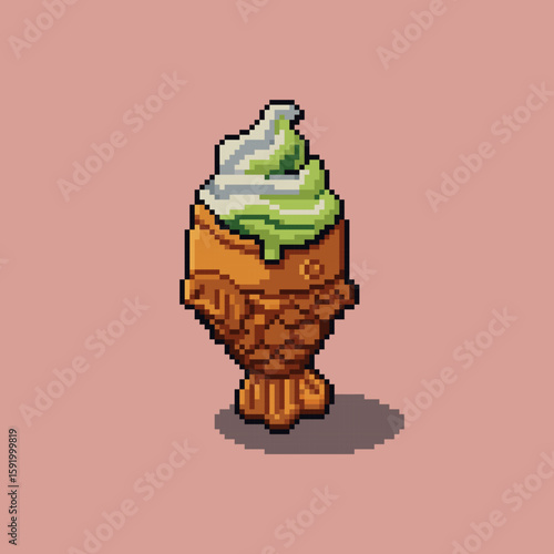 Vector pixel art illustration of a taiyaki soft serve ice cream in a traditional fish-shaped waffle cone. The swirl features matcha green tea and vanilla flavors, rendered in charming 16-bit