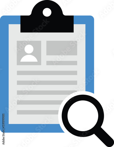Flat illustration of a resume on a clipboard with a magnifying glass. Great for job search, recruitment, interviews, and HR-related content.