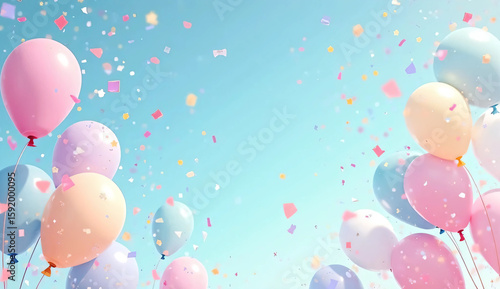 Pastel-colored balloons and sky background. Cute. Adorable. Event. Birthday. Happy. Bright. Sun.