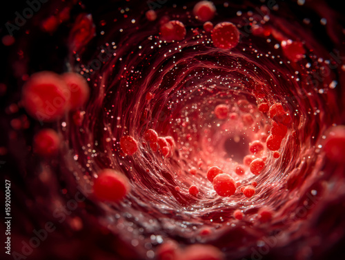 Dynamic view of blood flow inside a blood vessel with red blood cells and particles