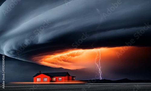 Dramatic storm clouds gather over a rural house during a lightning strike