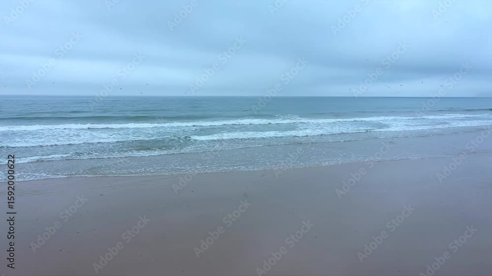 Deserted sandy beach, ocean waves, grey and overcast sky, Playa de Zaharad, seascape in Andalusia, Spain. Aerial drone low flight, copy space Deserted sandy beach, ocean waves, grey and overcast sky, Playa de Zaharad, seascape in Andalusia, Spain. Aerial drone low flight, copy space