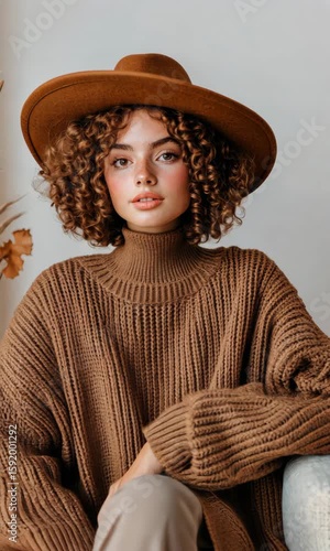 Stylish woman in cozy knit sweater and hat poses in autumn-themed indoor setting
