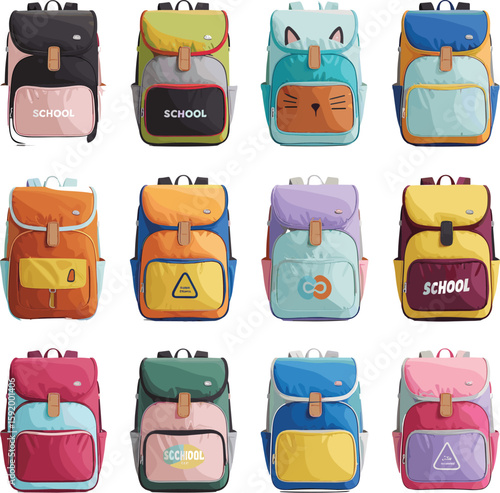PrintColorful cartoon backpacks collection, flat vector illustration, vibrant school bags for kids, educational supplies, back to school concept design