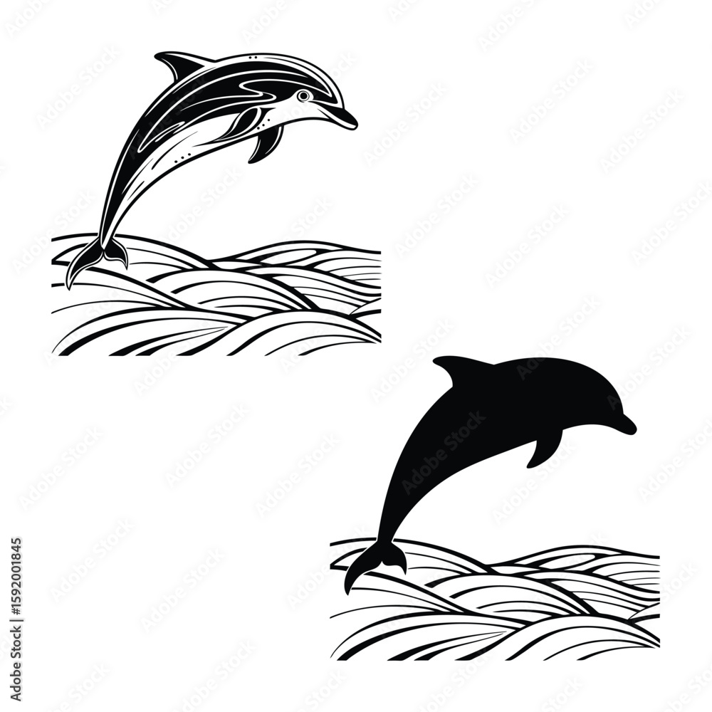 Naklejka premium Dolphin jumping over waves silhouette and outline isolated on on transparent background