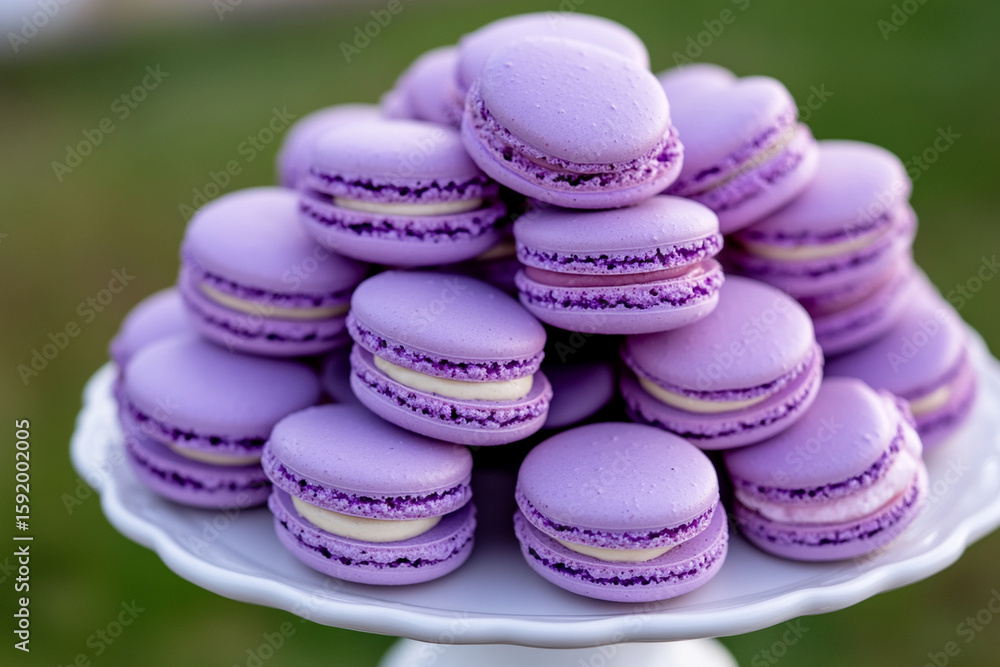 Obraz premium Elegant dessert platter features purple macarons at outdoor event