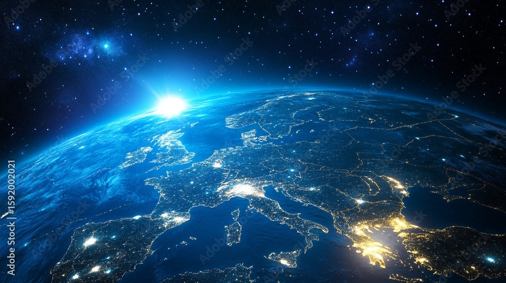 Obraz premium Earth View From Space at Night with City Lights and Sunrise