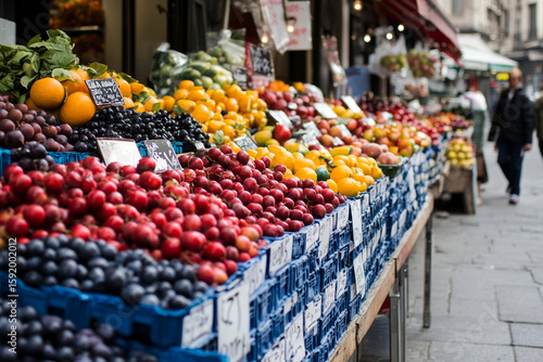 Colorful exotic fruits displayed at a bustling market stall