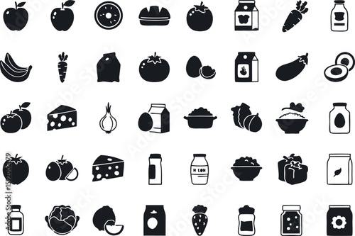 Stock vector illustration of assorted food items groceries produce dairy fruits vegetables and grains icon set