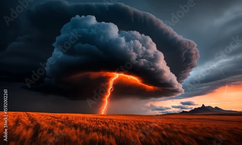 Powerful storm clouds unleash lightning over vast fields at sunset