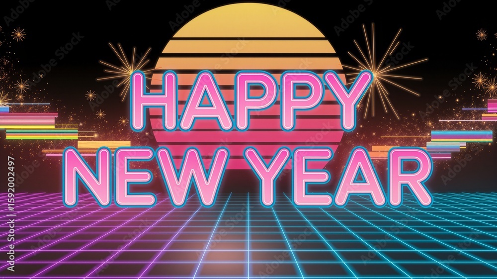 Naklejka premium Retro Happy New Year illustration in 80s style with neon grid and sun for party invitation, poster, banner, greeting card. Space for text.
