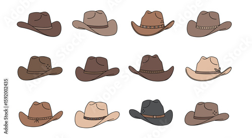 Collection of various cowboy hats in different shades and styles for western wear