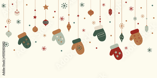 Christmas mittens hanging with ornaments and festive garlands. Vintage Christmas with mittens and baubles background