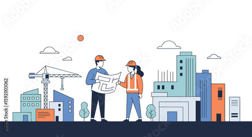 Two architects discussing blueprints with a cityscape background and construction crane