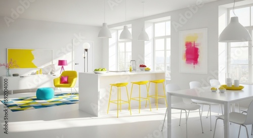 Bright modern living space showcases a minimalist design with white furniture, yellow accents, and natural light streaming through large windows, creating a clean and airy atmosphere.