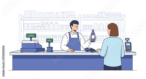 Customer pays for medication at pharmacy counter with card