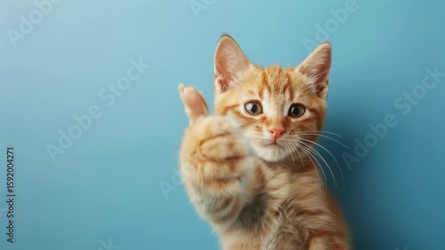 Orange kitten making a funny stop gesture and then a thumb up against a blue background, cute animal behavior footage.