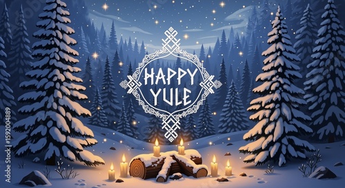 Happy Yule celebration with burning Yule log and candles in snow winter forest. Nordic pagan holiday for greeting card, banner. Christmas theme with copy space.