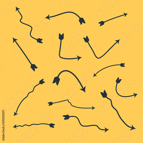 Collection of Hand Drawn Curved Arrows in Black on Yellow Background