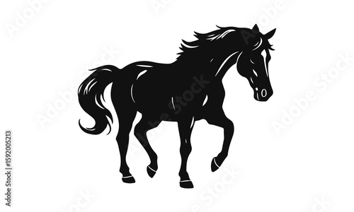 Running horse silhouette, wild stallion art, black equine design, elegant animal print, vector pony drawing