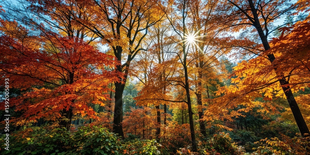 Fototapeta premium Autumn Woods. Sunlight Piercing Through Trees.