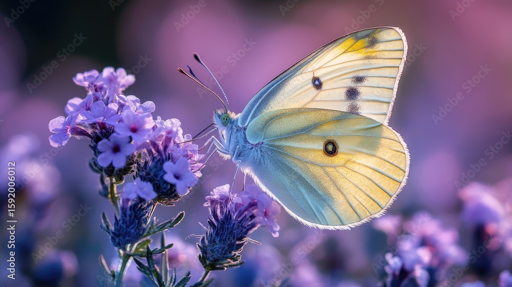 Naklejka premium Cabbage White Butterfly on Lavender Flowers