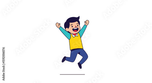 Excited young boy jumps with joy arms raised upwards happy child celebration fun adventure energetic movement childhood moment of pure delight