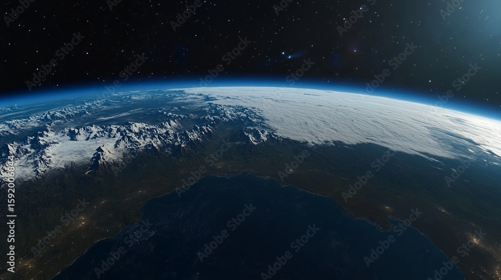 Obraz premium Earth From Space View with Snowy Mountains and Cloud Covering