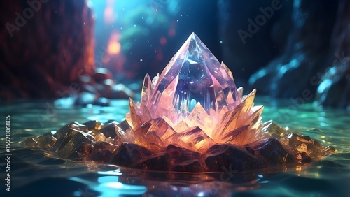 A glowing magical crystal rising from a pool of radiant water, fantasy and mythology desktop wallpaper backdrop, cinematic HDR vibrant theme colors, promo movie sales poster banner book cover