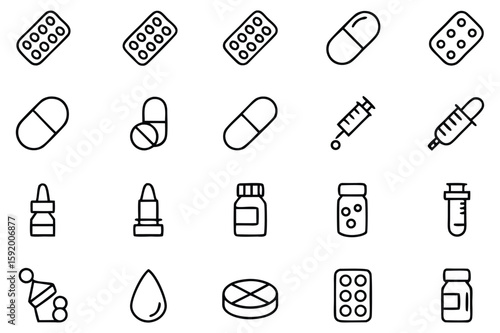 Collection of Medical and Pharmaceutical Icons Depicting Various Forms of Medication and Treatment Tools