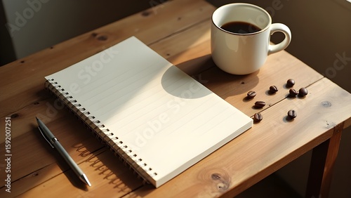 Flatlay of Spiral Notebook, Stylish Pen, and Coffee Mug on Wooden Table – Cozy Stationery Branding Mockup