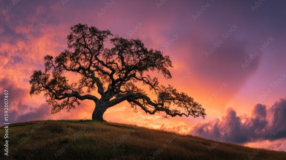 Fototapeta premium Silhouette tree on hilltop at vibrant sunset
