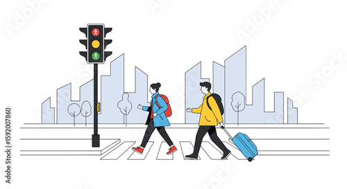 Pedestrians crossing busy city street at traffic light with cityscape background