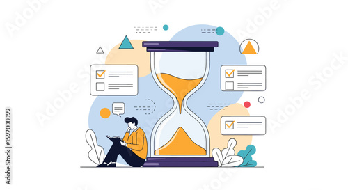 Productivity and time management concept with hourglass and person working