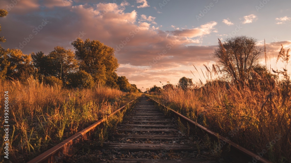 Fototapeta premium Stunning photo of rustic railway tracks stretching into the distance, surrounded by wild grass and trees under a golden sunset sky. Photography.