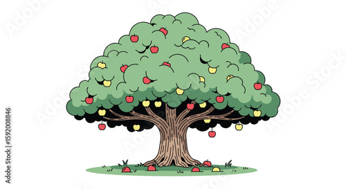 An illustrated apple tree laden with ripe fruit ready for picking