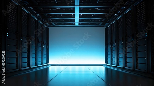 Dark Server Room with Backlit Data Servers and Modern Technology Infrastructure for Data Management