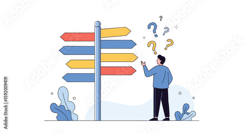 Man standing before a directional signpost contemplating options and choices