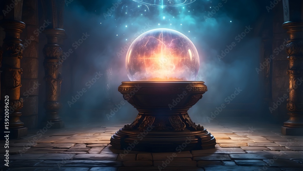 Obraz premium A glowing magical orb floating above an ancient altar surrounded by fog, fantasy and mythology desktop wallpaper backdrop, cinematic HDR vibrant theme colors, promo movie sales poster banner