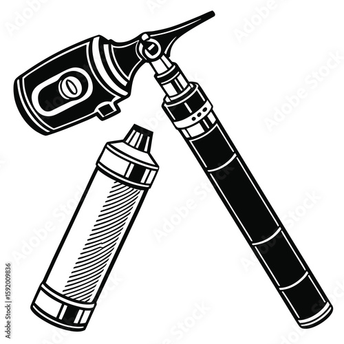 Medical Diagnostic Instruments An Otoscope and Battery Handle Black and White Illustration