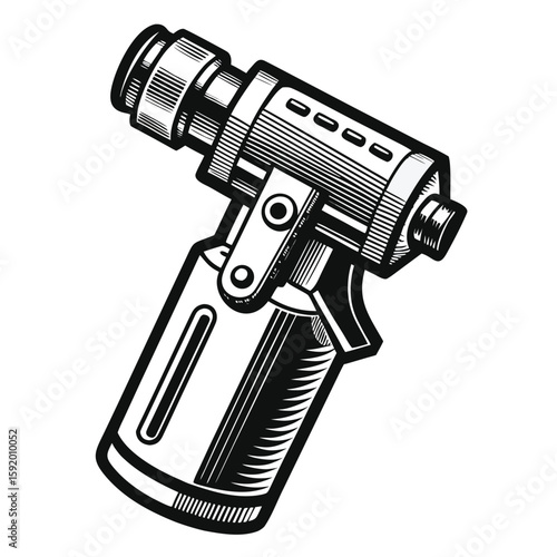 Monochrome Illustration of a Blowtorch Welding Tool with Intricate Hatching and Bold Outline