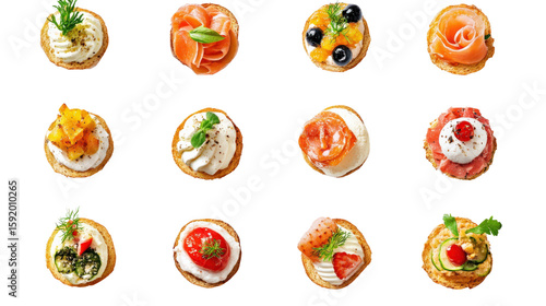 Assorted gourmet canapés with cheese, salmon and herbs on transparent background