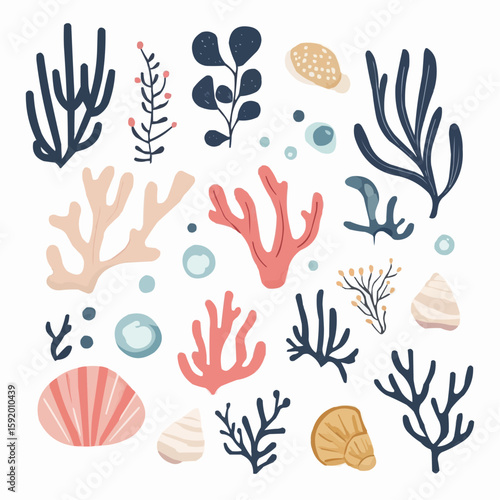 Colorful coral and seaweed clipart set for printable summer crafts, creative DIY projects, tags, scrapbooking and marine-themed children’s activities
