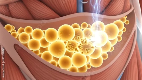 Depiction shows muscles and fat cells with an electric discharge breaking down the fat