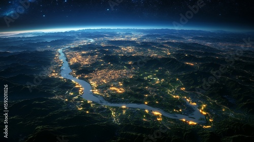 Night City Lights Along Winding River Viewed From Above in Dark