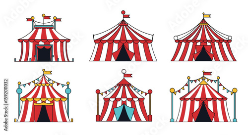 Diverse circus tents with red white stripes and banners offering entertainment fun activities
